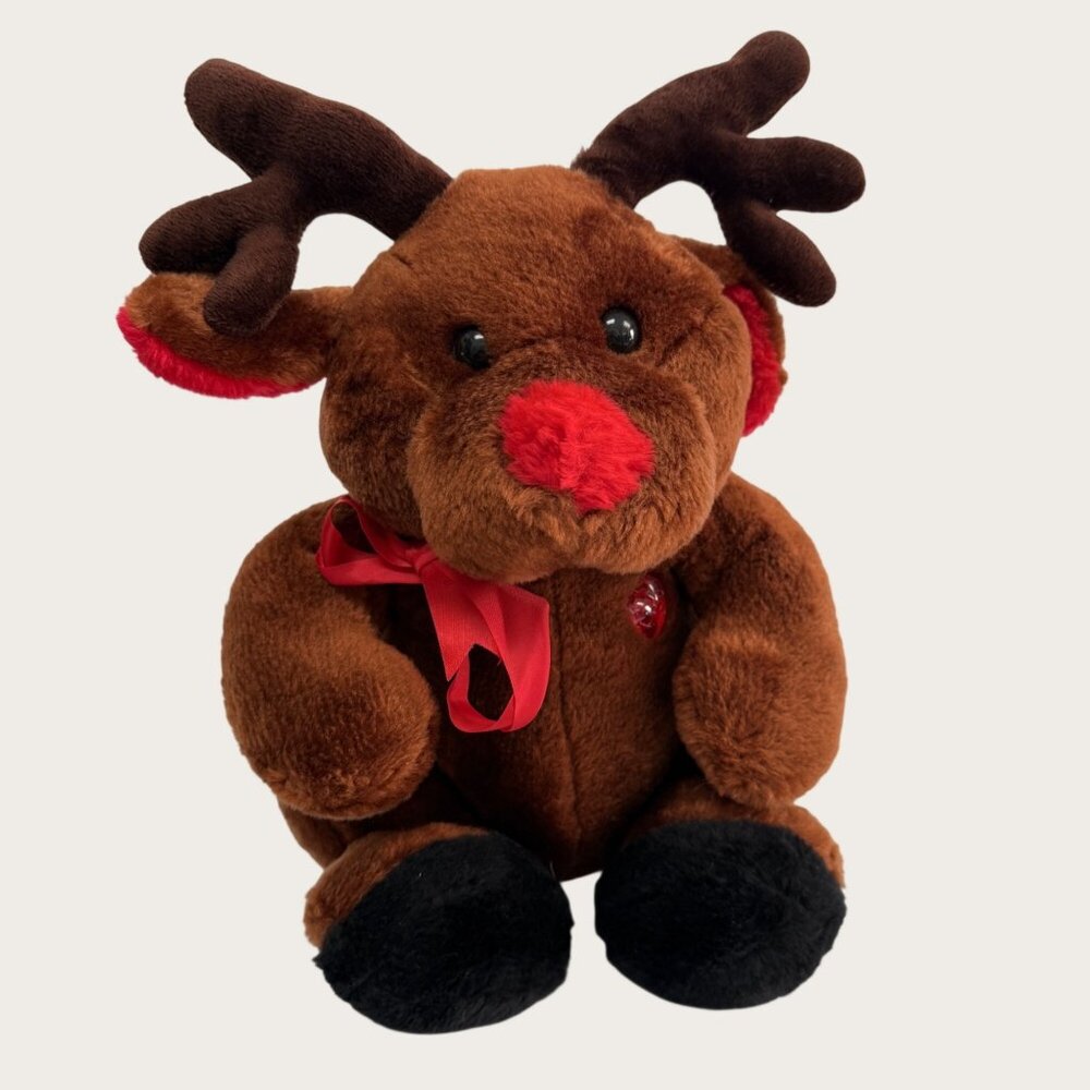 Vintage 1980s Union Toy Reindeer Plush Stuffed Animal Red Heart Lights & Sounds